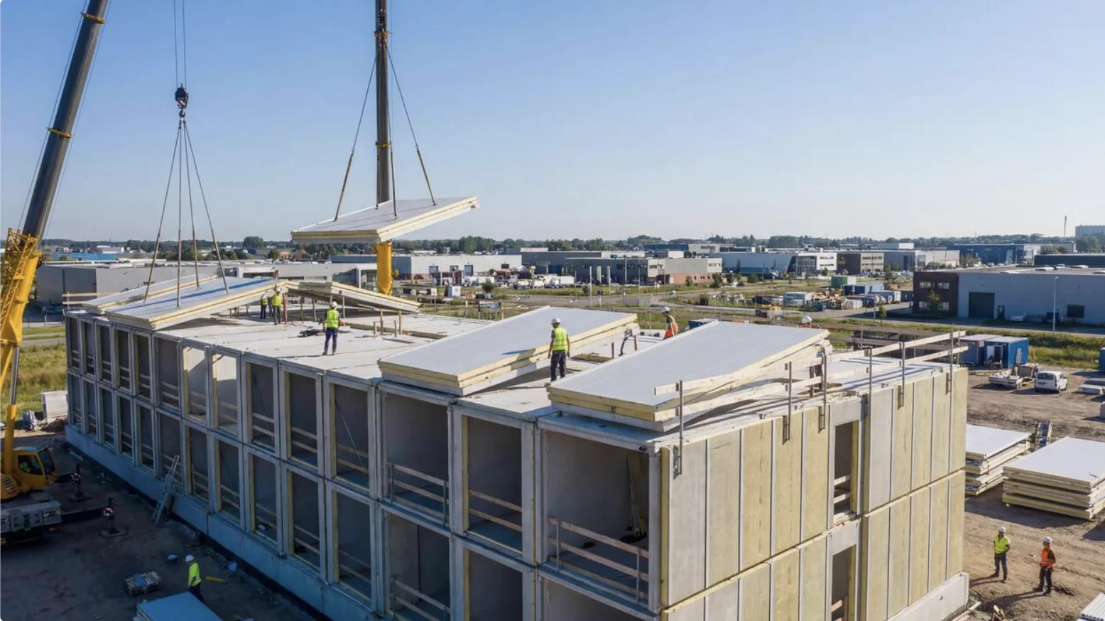 Cranes installing large insulated panels on a multistory development