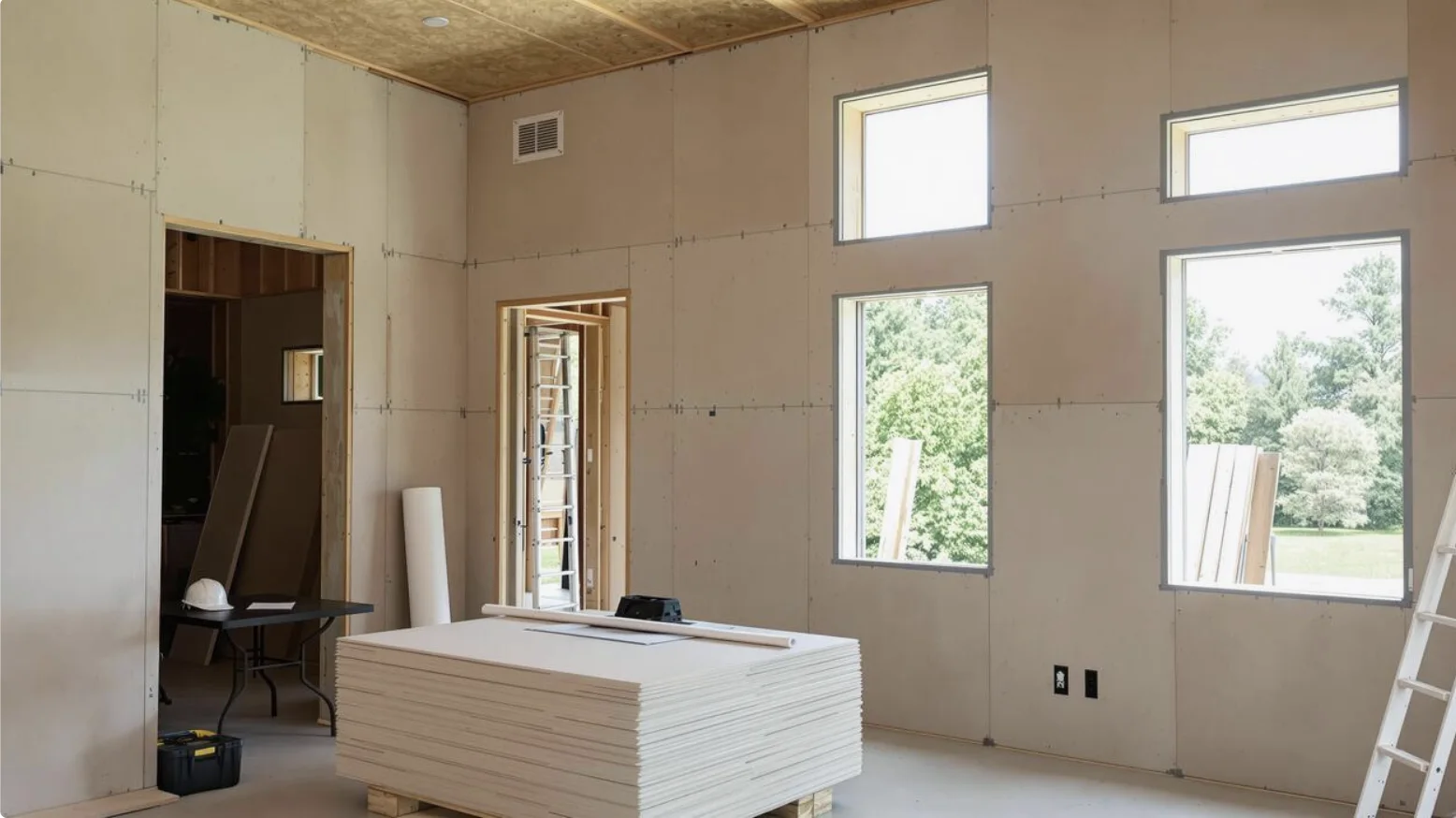 A bright residential interior during finish work with tall windows and drywall installation underway